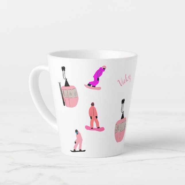 Personalised Pink Snowboard Snowboarding Small Latte Mug (Left Angle)
