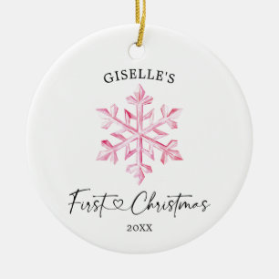 Personalised Pink Snowflake Girl's First Christmas Ceramic Tree Decoration