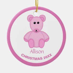 Personalised Pink Snowflake Teddybear Ceramic Tree Decoration