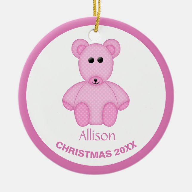 Personalised Pink Snowflake Teddybear Ceramic Tree Decoration (Front)