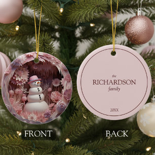 Personalised Pink Snowman Christmas Ceramic Tree Decoration
