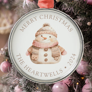 Personalised Pink Snowman Merry Christmas Metal Tree Decoration