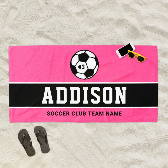 Personalised Pink Soccer Player Name Beach Towel (Creator Uploaded)