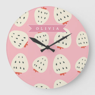 Personalised Pink Strawberry Name Cute Girly Large Clock