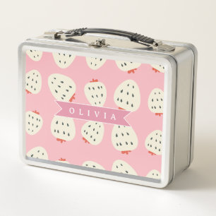 Personalised Pink Strawberry Name Cute Girly Metal Lunch Box