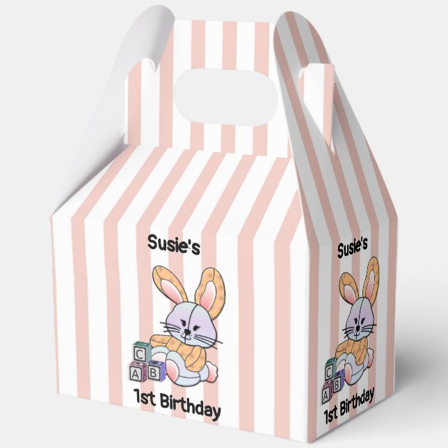 Personalised Pink Striped Nursery Art - Bunny Favour Box (Front)