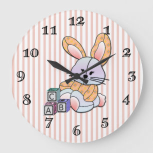 Personalised Pink Striped Nursery Art - Bunny Large Clock