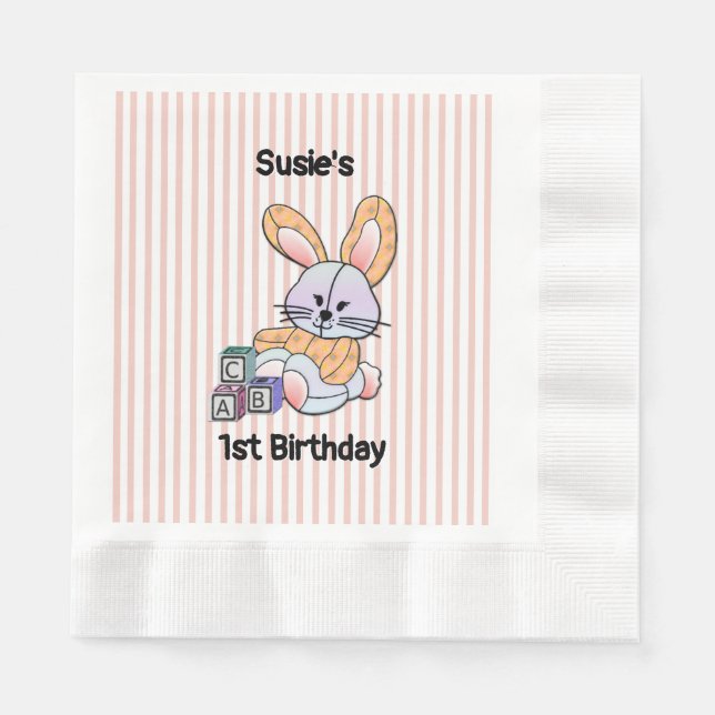 Personalised Pink Striped Nursery Art - Bunny Napkin (Front)