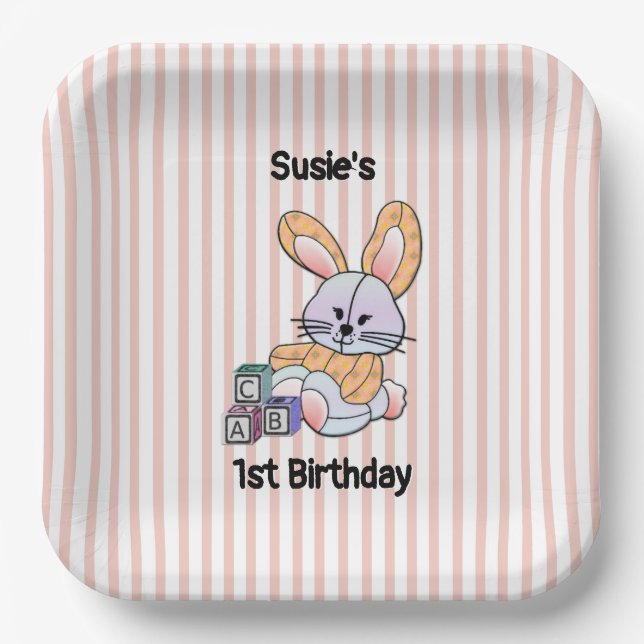 Personalised Pink Striped Nursery Art - Bunny  Paper Plate (Front)