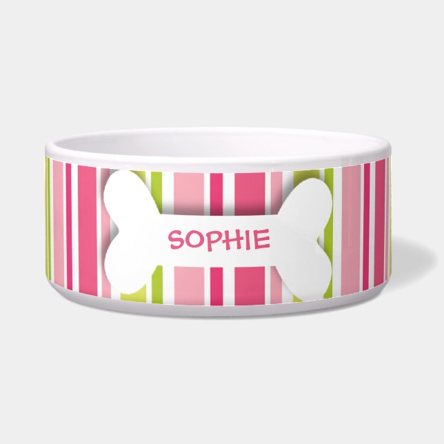 Personalised pink stripes dog bone pet food bowl (Front)