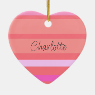 Personalised Pink Stripes Heart Ceramic Tree Decoration