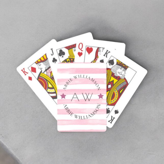 personalised pink stripes  stylish monogram playing cards (fun playing  personalized cards ideaa for family games night )