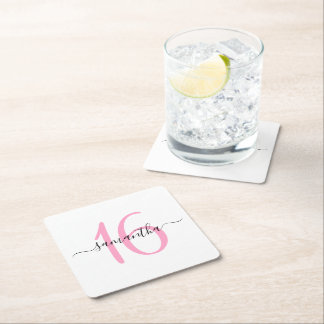 Personalised Pink Sweet 16 Square Paper Coaster