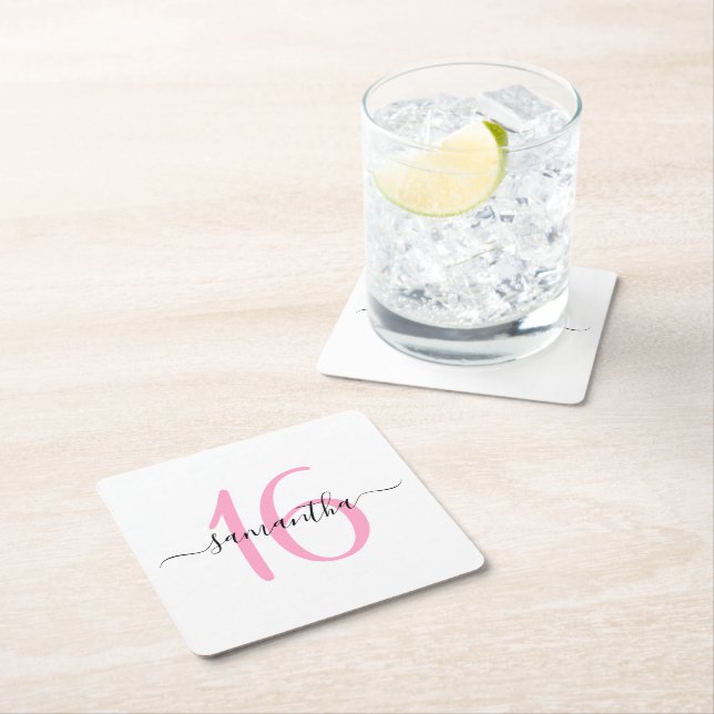 Personalised Pink Sweet 16 Square Paper Coaster (Insitu)