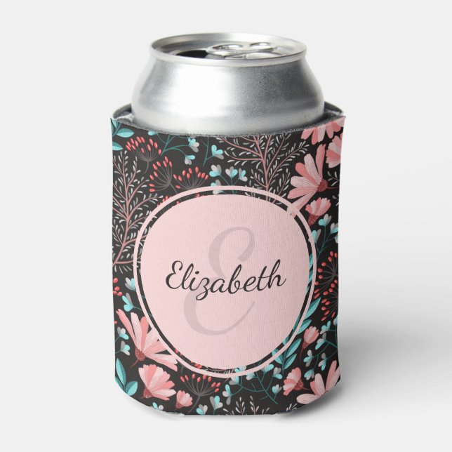 Personalised Pink & Teal Dark Floral Can Cooler (Can Front)