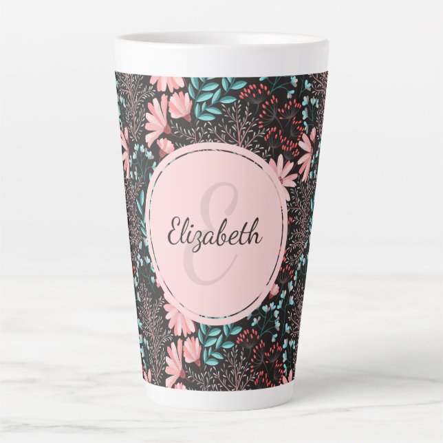 Personalised Pink & Teal Dark Floral Latte Mug (Front)