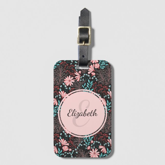Personalised Pink & Teal Dark Floral Luggage Tag (Front Vertical)
