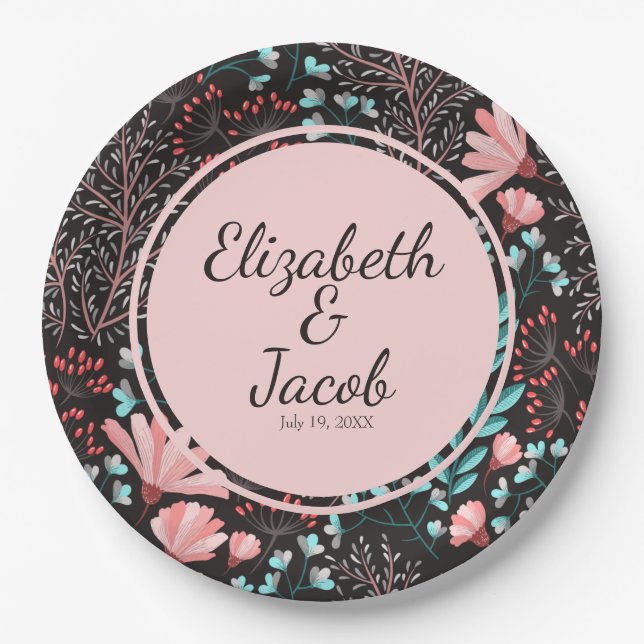 Personalised Pink & Teal Dark Floral Pattern Paper Plate (Front)
