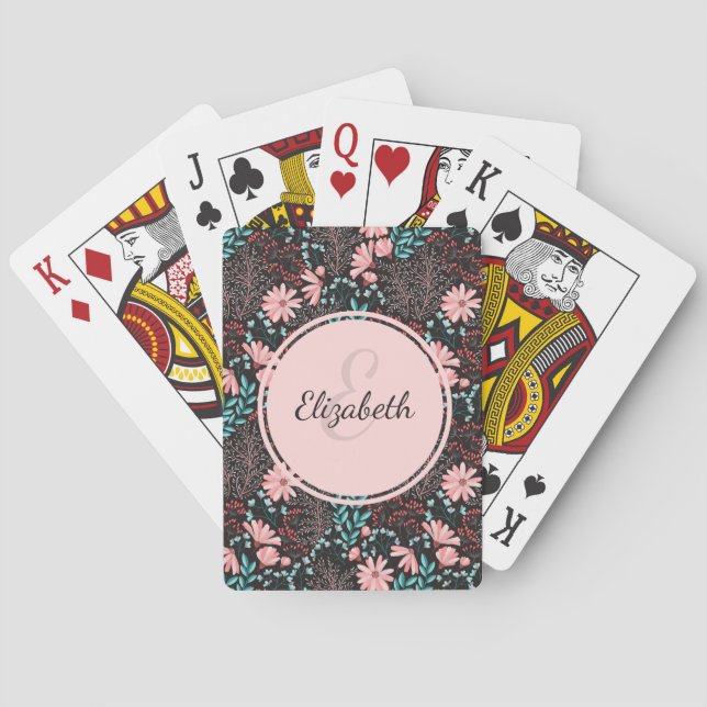 Personalised Pink & Teal Dark Floral Playing Cards (Back)