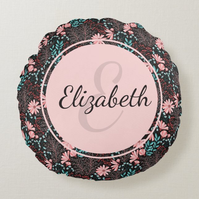 Personalised Pink & Teal Dark Floral Round Cushion (Front)