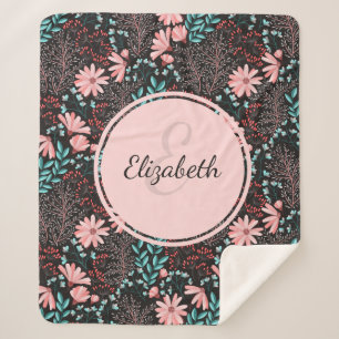 Personalised Pink & Teal Dark Floral Sherpa Blanket