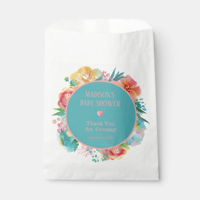 Personalised Pink Teal Floral Baby Shower Favour Bags (Front)