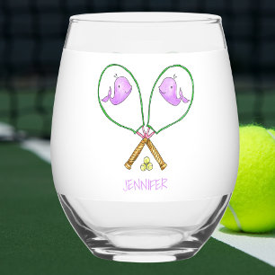 Personalised Pink Tennis Rackets with Whale Covers Stemless Wine Glass