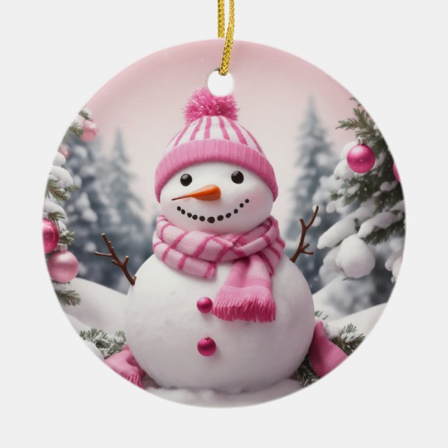 Personalised Pink Theme Christmas Snowman Ceramic Tree Decoration (Front)