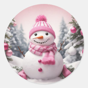 Personalised Pink Theme Christmas Snowman Classic Round Sticker
