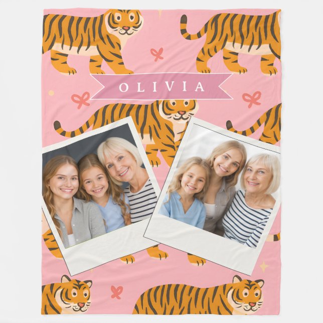 Personalised Pink Tiger Chic Edgy Fun Aesthetic Fleece Blanket (Front)