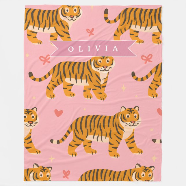 Personalised Pink Tiger Chic Edgy Fun Aesthetic Fleece Blanket (Front)