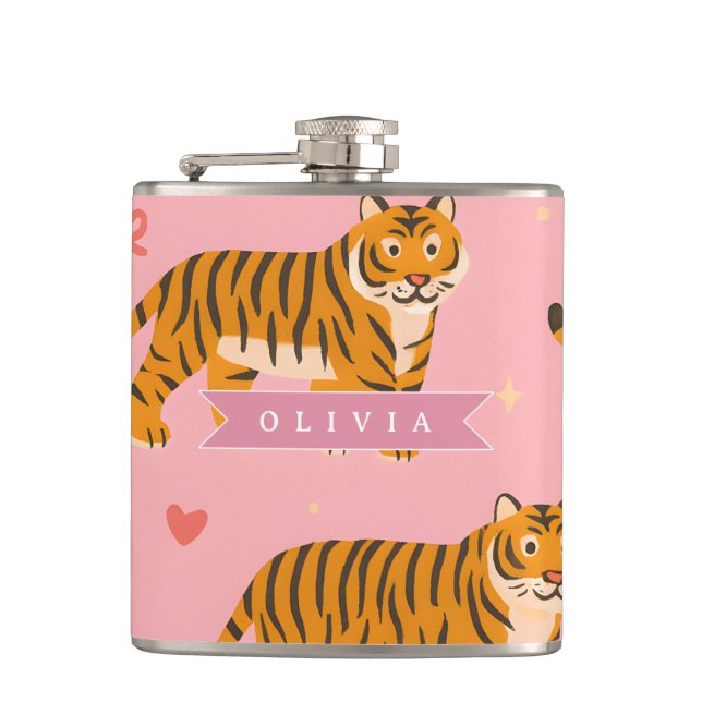 Personalised Pink Tiger Chic Edgy Fun Aesthetic Hip Flask (Front)
