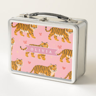 Personalised Pink Tiger Chic Edgy Fun Aesthetic Metal Lunch Box