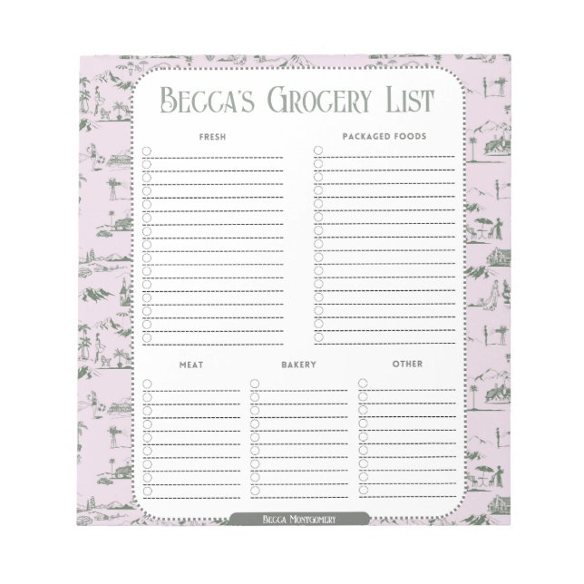 Personalised Pink Toile Grocery List Notepad (Front)