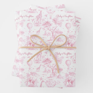 Personalised Pink Toile Safari Baby Shower Gift Wrapping Paper Sheet
