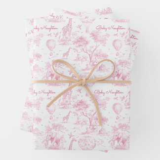 Personalised Pink Toile Safari Baby Shower Gift Wrapping Paper Sheet