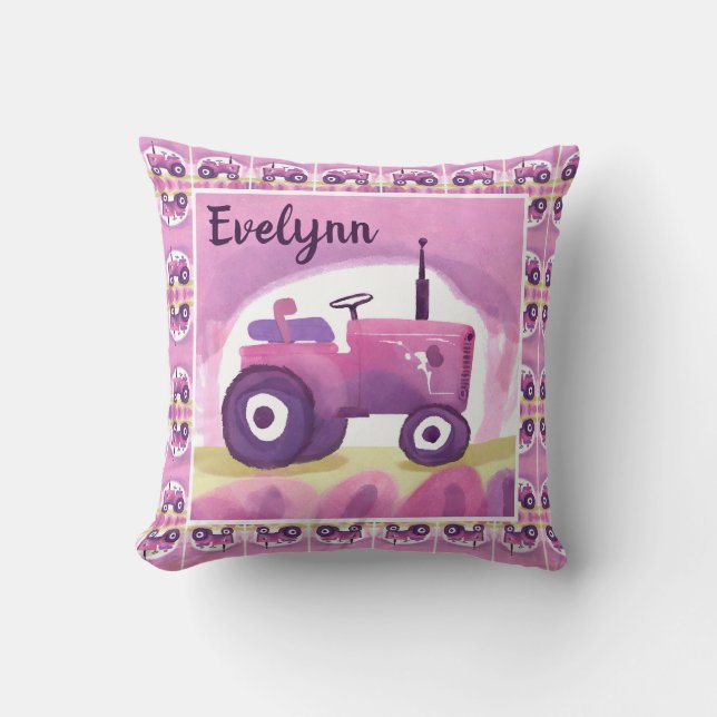 Personalised Pink Tractor Pillow (Front)