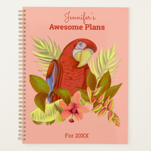 Personalised Pink Tropical Parrot Illustration Planner (Front)