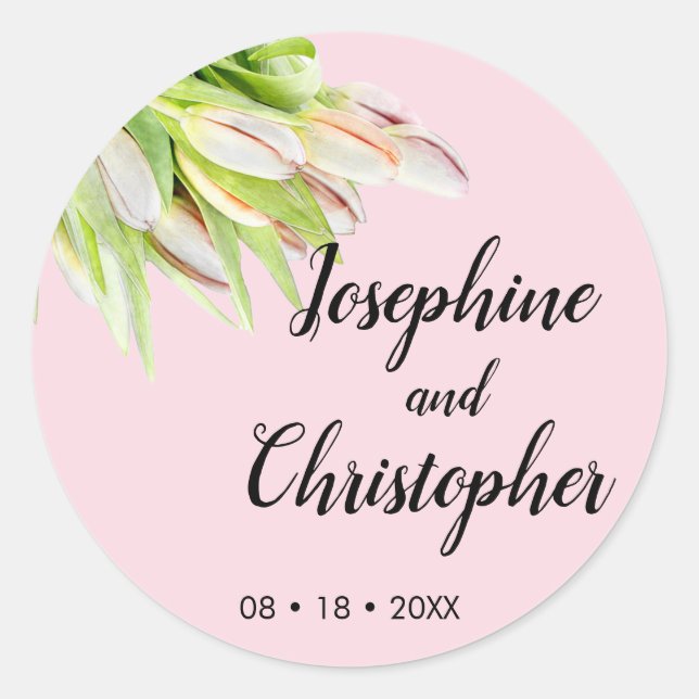 Personalised Pink Tulip Artistic Summer Weddings Classic Round Sticker (Front)