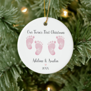 Personalised Pink Twin Baby Girls Footprint Ceramic Tree Decoration