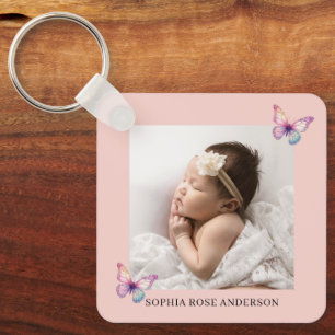 Personalised Pink Two Photo New Baby Butterfly Key Ring