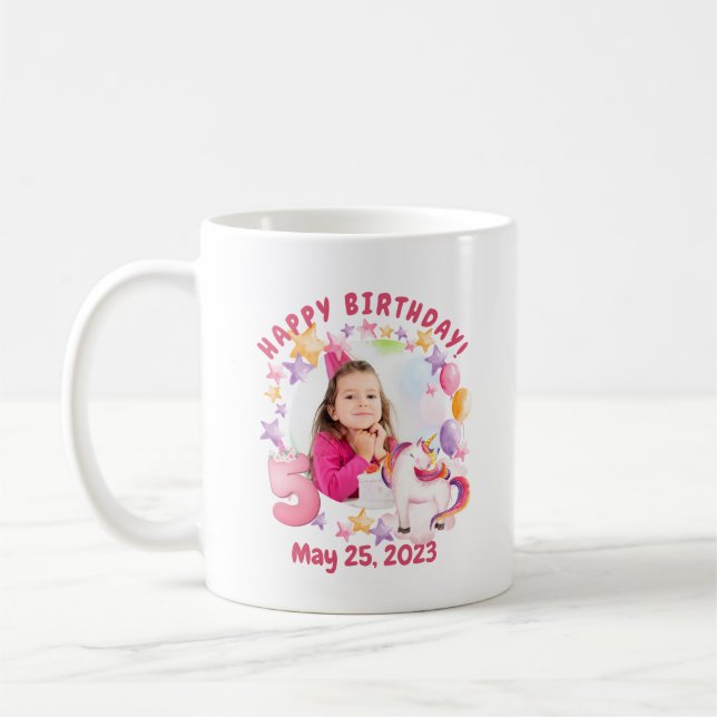 Personalised Pink Unicorn Girl 5th Birthday Coffee Mug (Left)