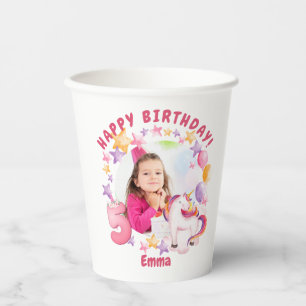 Personalised Pink Unicorn Girl 5th Birthday Paper Cups