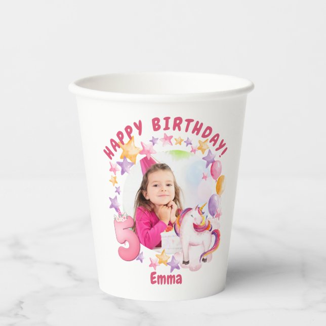 Personalised Pink Unicorn Girl 5th Birthday Paper Cups (Front)