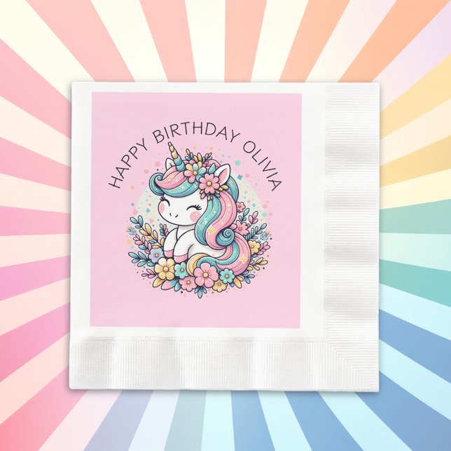 Personalised Pink Unicorn Girl's Birthday Napkin (Creator Uploaded)
