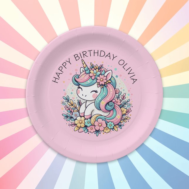 Personalised Pink Unicorn Girl's Birthday Paper Plate (Creator Uploaded)