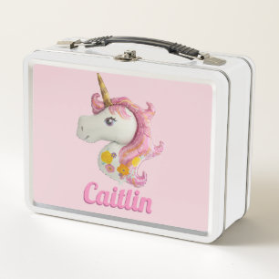 Personalised Pink Unicorn Girls Metal Lunch Box