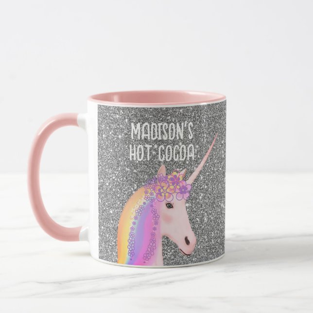 Personalised Pink Unicorn Pastel Glitter Rainbow Mug (Left)