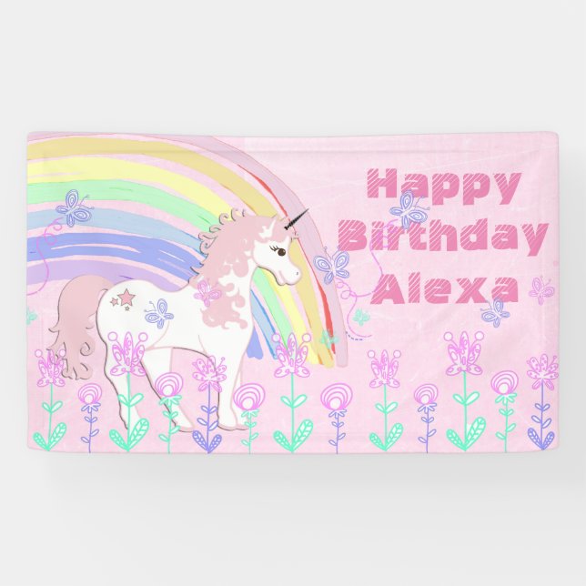 Personalised Pink Unicorn Rainbow Birthday Banner (Horizontal)