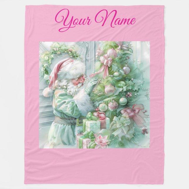 Personalised Pink Vintage Christmas Poinsettia Fle Fleece Blanket (Front)